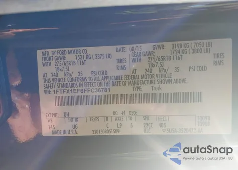 2015 Ford F-150 Xlt z USA, uszkodzony, nr VIN 1FTFX1EF6FFC36781